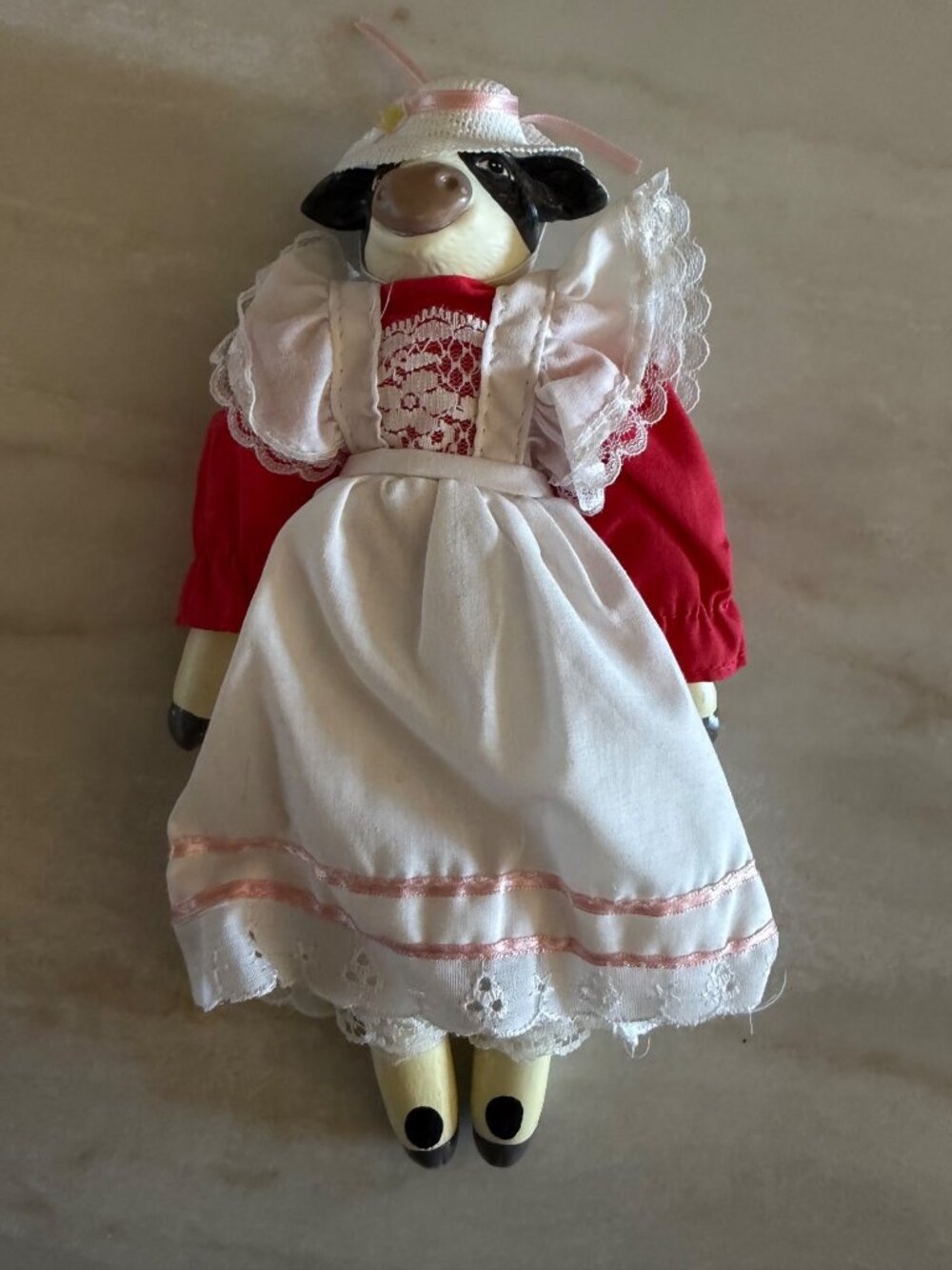 Vintage Cow Figurine In Red & White Dress With Lace & Hat - Farmhouse Decor
